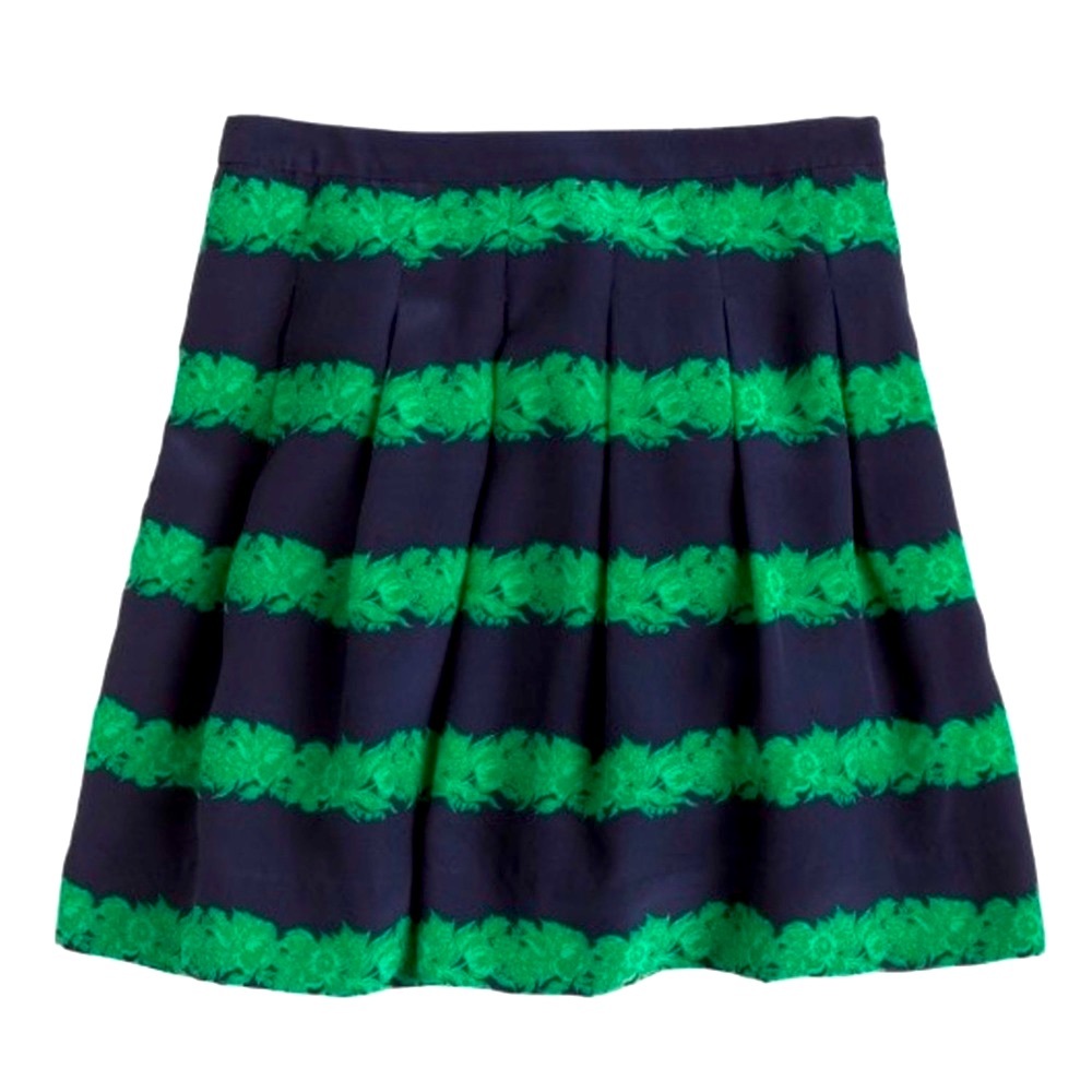J.Crew Pleated Silk Skirt In Leafy Stripe (navy blue and green) Size 2 - Picture 1 of 6
